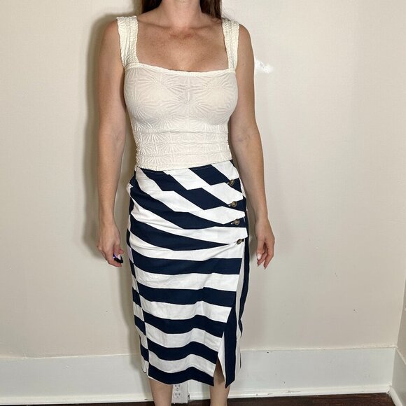 NY & Co Eva Mendes Patriotic Blue and White Striped Midi Skirt Sz 6 NWT - Picture 1 of 7